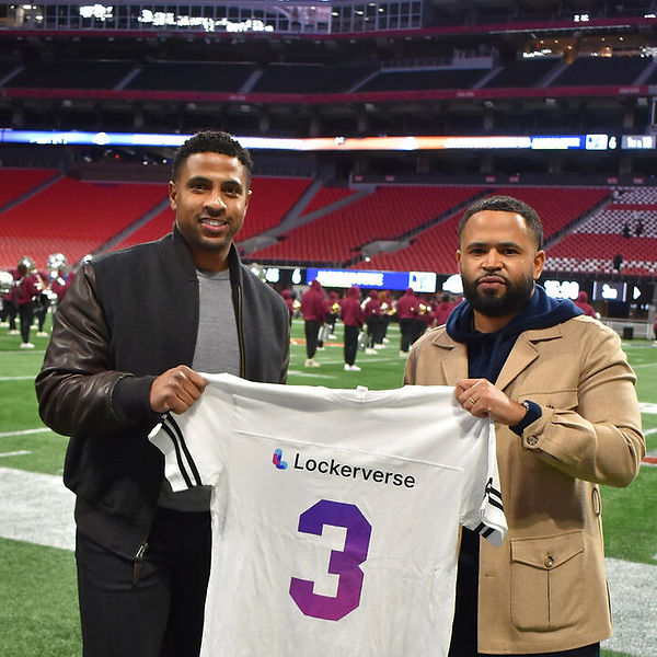 two guys holding foot ball journey saying LOCKERVERSE